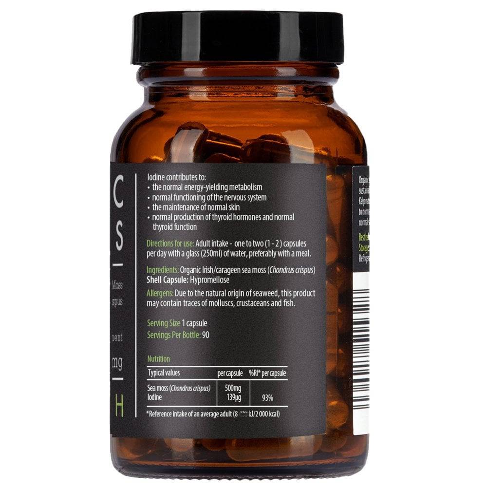 Organic Irish Sea Moss supplement by Herbalistas in 90 vegan capsules, showing the capsule bottle and label.