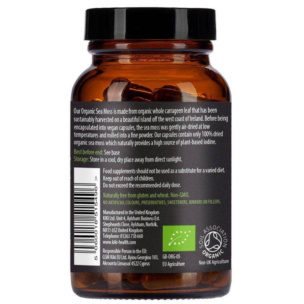 Organic Irish Sea Moss supplement by Kiki Health in 90 vegicaps, showing the supplement capsules and packaging.
