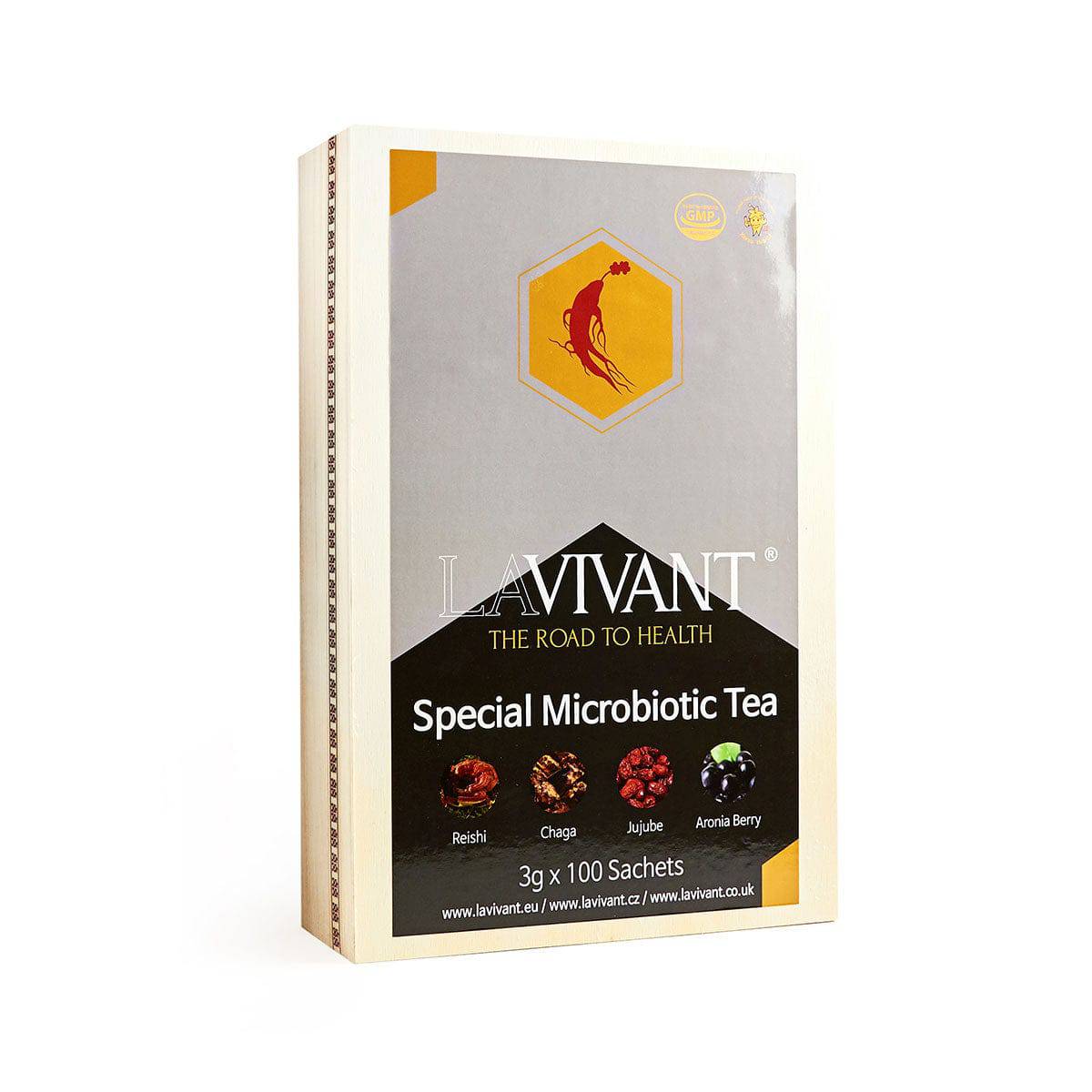 Lavivant Korean Red Ginseng Microbiotic Tea with Reishi, Chaga, Jujube, and Aronia in a wooden box with 100 sachets.