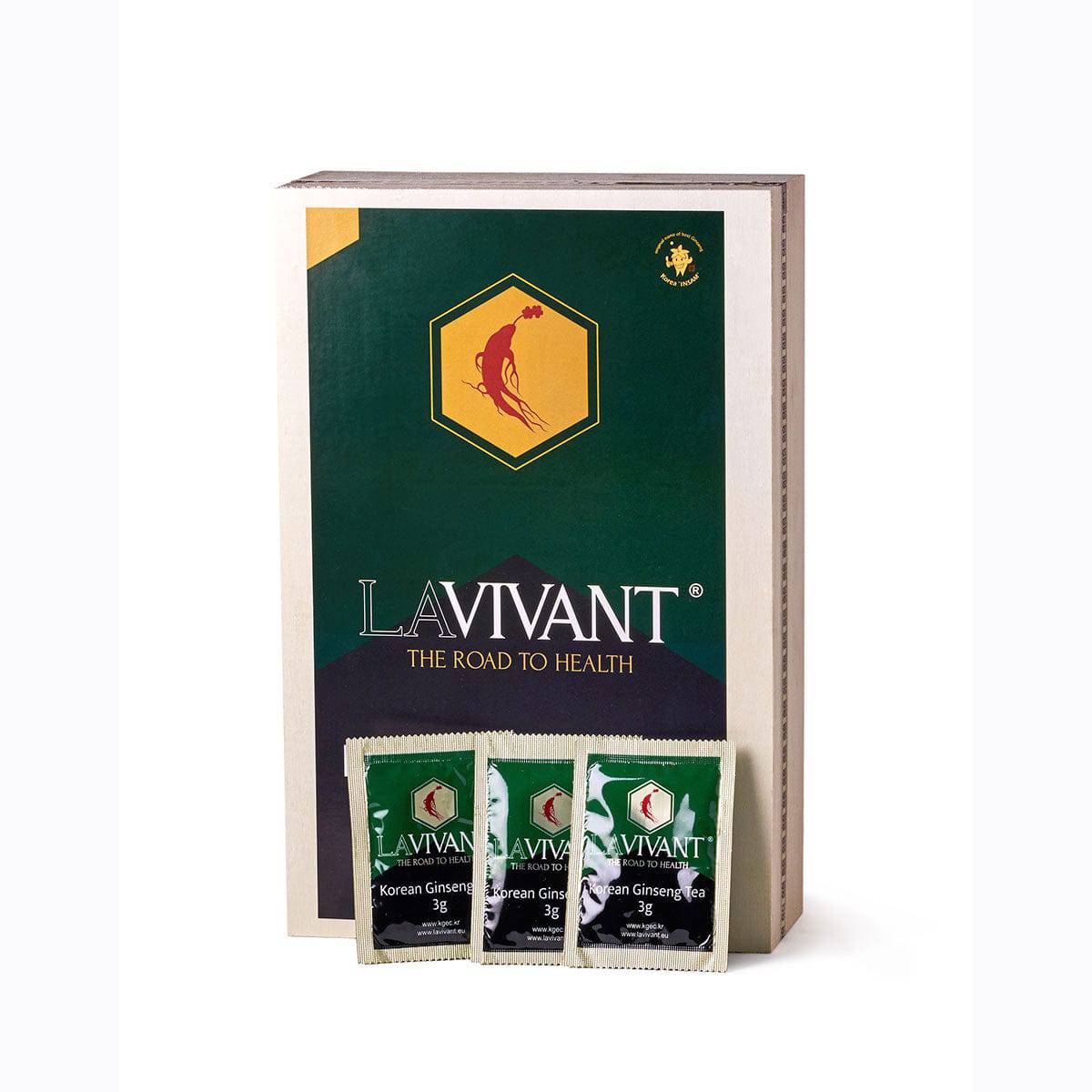 Lavivant Korean Ginseng Tea in a wooden box with 100 sachets, traditional herbal tea from OLD PRODUCTS.