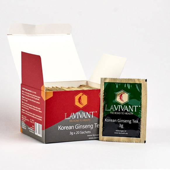 Open box of Lavivant Korean Ginseng Tea sachets showing 20 individual tea bags in a natural setting.