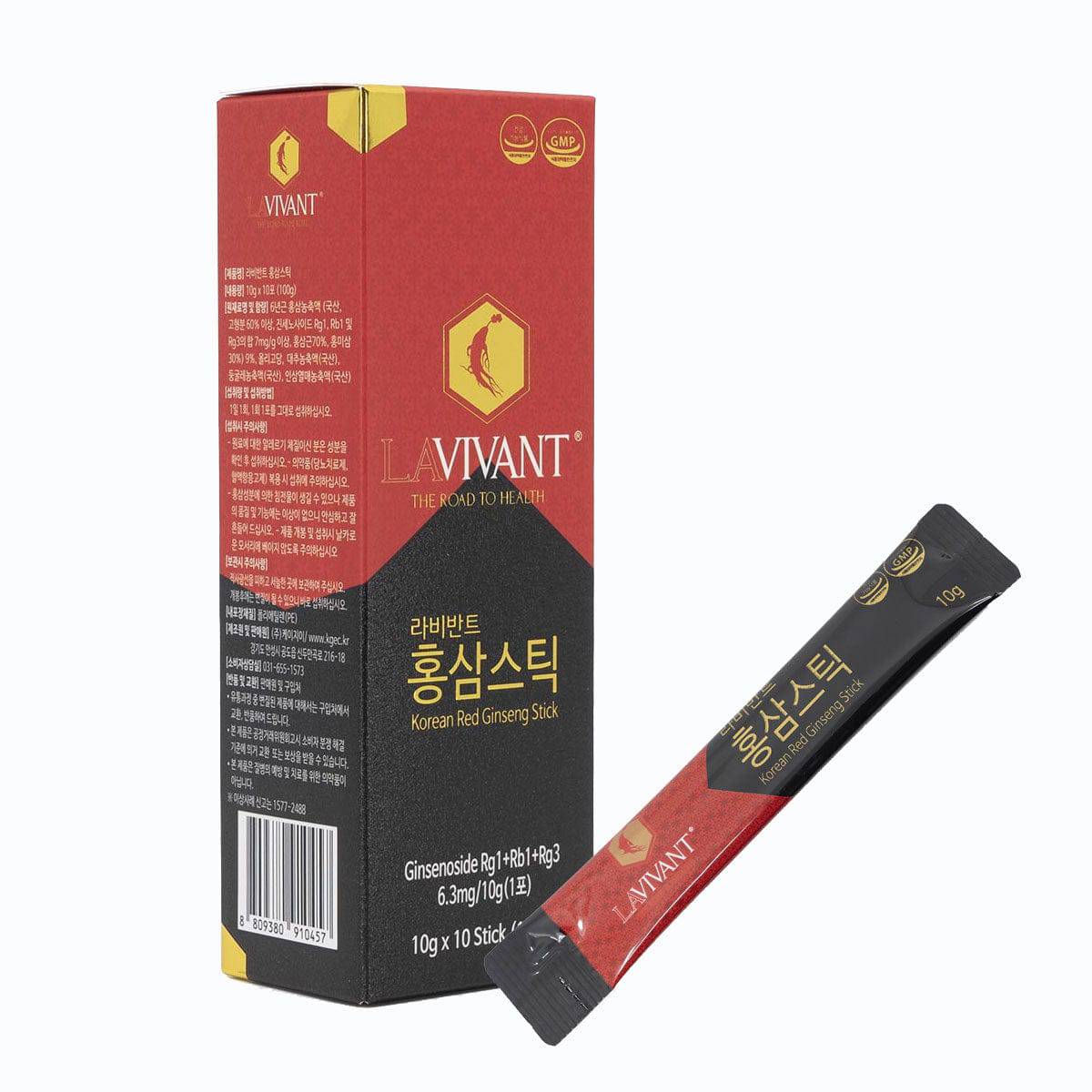 Old Products Lavivant Korean Red Ginseng Extract liquid sticks in red box, 10 sticks, 8.6mg/g for health and vitality.