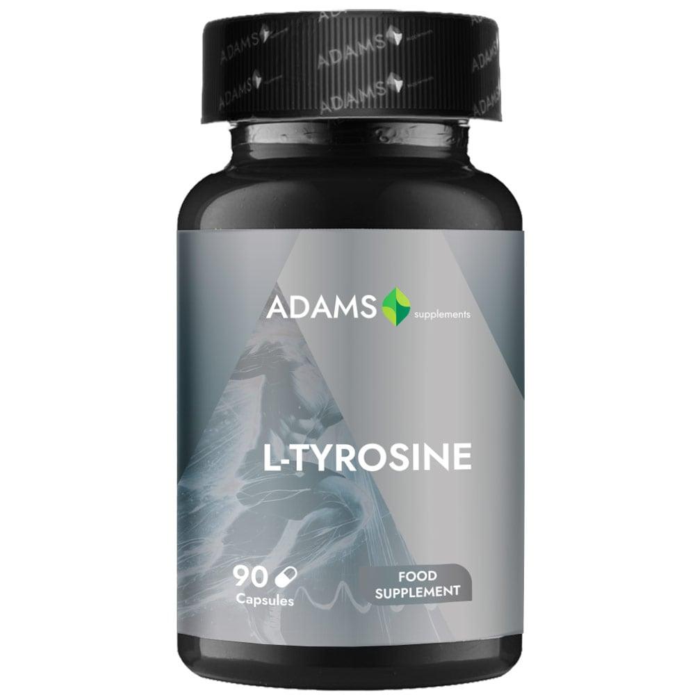Adams Supplements L-Tyrosine 500mg supplement bottle with 90 capsules, showing the product label and capsule close-up.