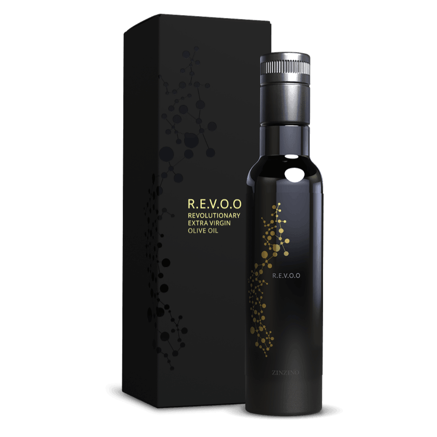 Zinzino R.E.V.O.O Olive Oil 250ml bottle, extra virgin olive oil with a dark glass container, suitable for cooking and salads.