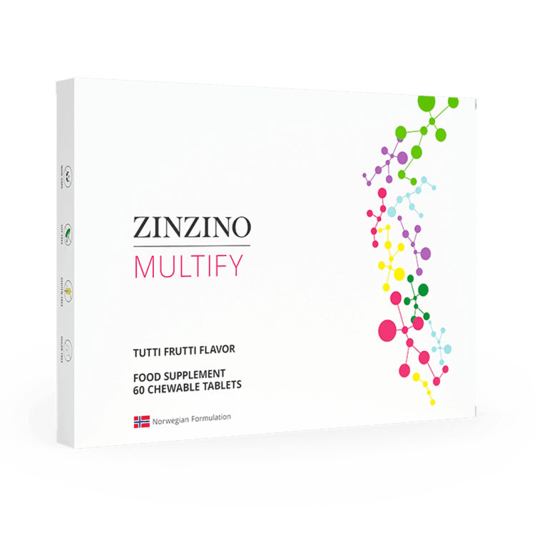 Zinzino Multify supplement bottle with 60 tablets, showing the product label and cap, designed to support overall health and wellness.