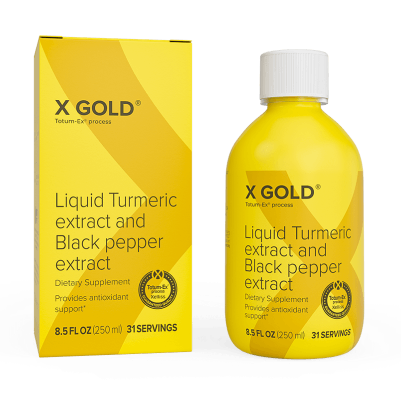 Zinzino X Gold supplement bottle, 250 ml, showing the label and product packaging for health and wellness support.