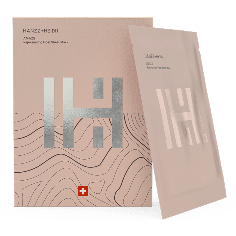 Zinzino AMAZE Fiber Sheet Mask for skin care, showing the mask package with five 15ml sachets, designed for facial hydration and care.