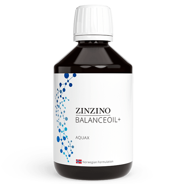 Zinzino BalanceOil+ AquaX omega-3 supplement bottle with 300 ml label, featuring vibrant branding and product details.