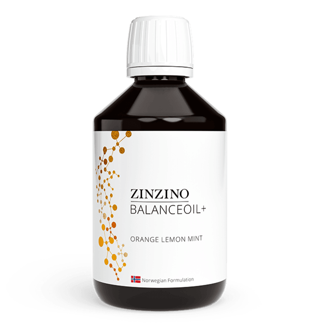 Zinzino BalanceOil+ Omega 3 supplement in a 300 ml bottle, featuring golden liquid and a clean label with brand logo.