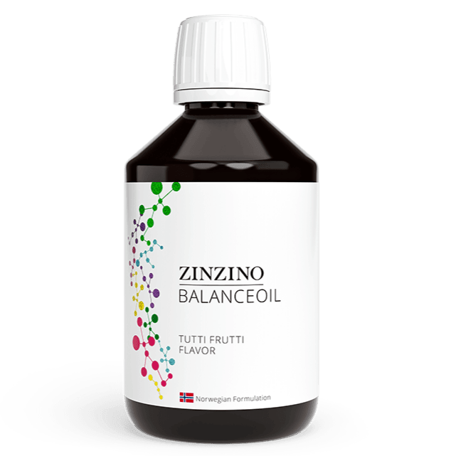 Zinzino BalanceOil Tutti Frutti bottle featuring Omega 3 supplement in a 300 ml container with colorful label design.
