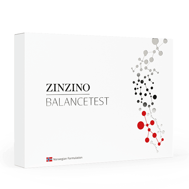 Zinzino BalanceTest kit for health assessment, featuring a white container with testing strips and instructions on a white background.
