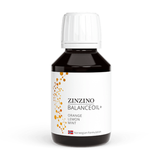 Zinzino BalanceOil+ Omega 3 in orange lemon mint flavor, 100 ml bottle with a natural lemon and mint citrus design.