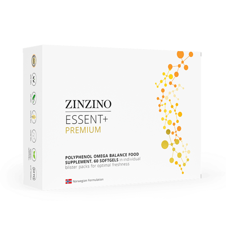 Zinzino Essent+ Premium Omega 3 softgels in a bottle, dietary supplement for healthy heart and brain support.