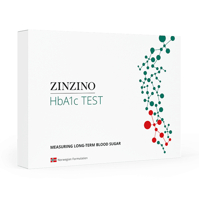 Zinzino HbA1c Test kit with packaging, used for measuring blood sugar levels for diabetes monitoring.