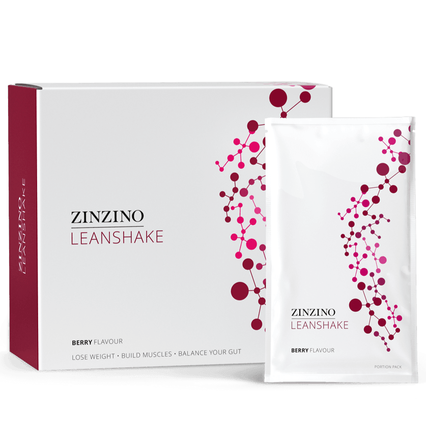 Zinzino LeanShake Berry flavor protein powder pack with 16 individual 30g servings, featuring colorful berry imagery on the packaging.