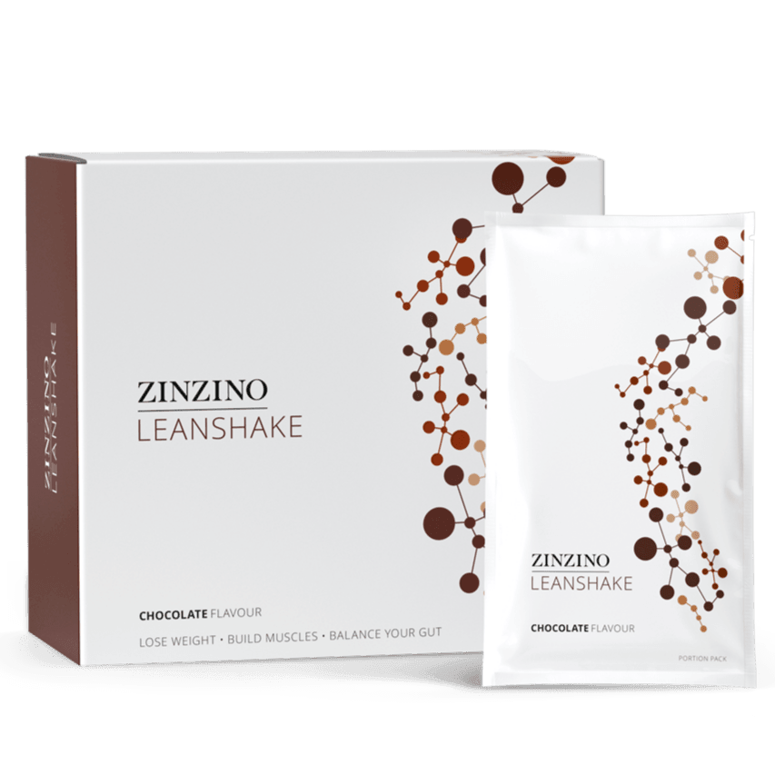 Zinzino LeanShake chocolate protein powder pack with 16 individual 30g servings, ideal for nutritious meal replacement.