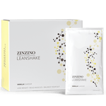 Zinzino LeanShake vanilla protein powder pack with 16 sachets of 30g each, shown in a large image.