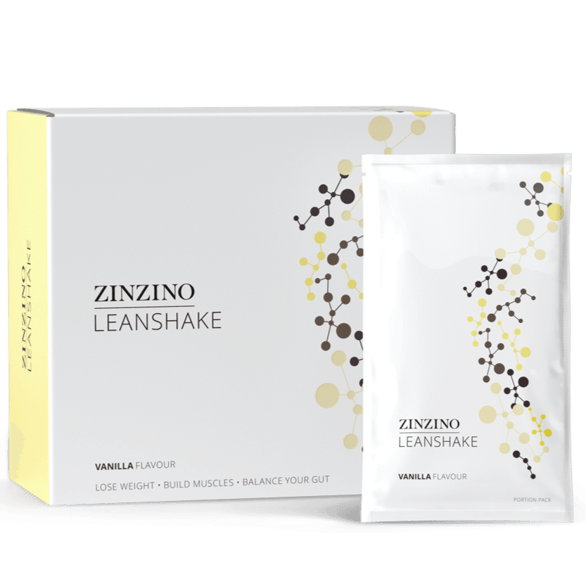 Zinzino LeanShake vanilla protein powder pack with 16 sachets of 30g each, shown in a large image.
