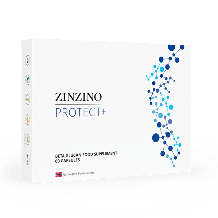 Zinzino Protect+ dietary supplement bottle with 60 capsules, featuring a white and green label and a plastic bottle container.