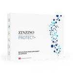 Zinzino Protect+ dietary supplement bottle with 60 capsules, featuring a white and green label and a plastic bottle container.