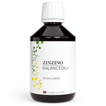 Zinzino BalanceOil+ Vegan Lemon bottle, 300ml, omega-3 supplement with lemon flavor in a clear bottle with yellow cap.