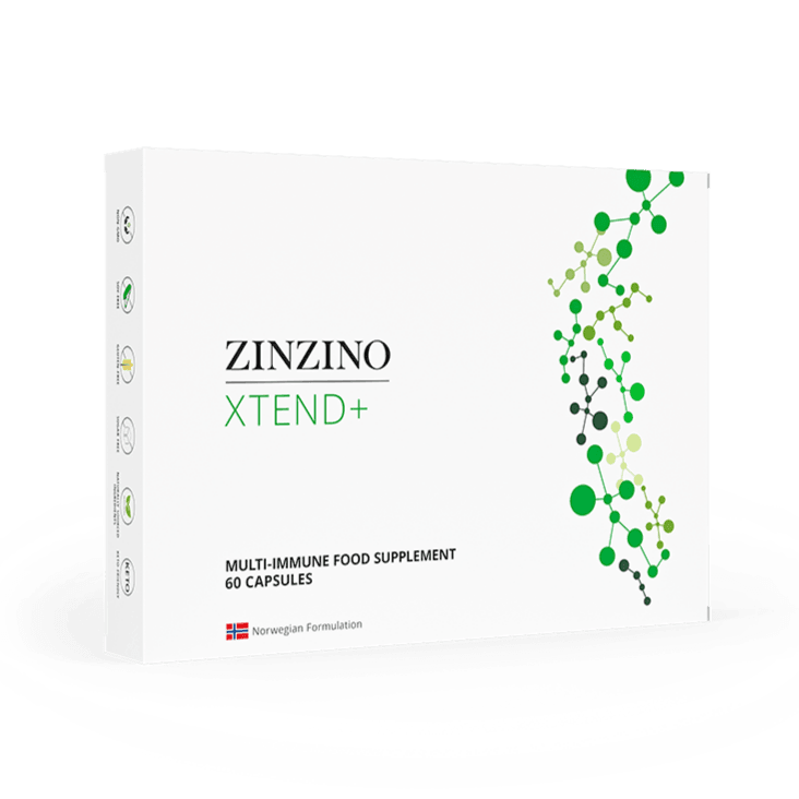 Zinzino Xtend+ supplement bottle with 60 caps, featuring colorful label design, on a white background.