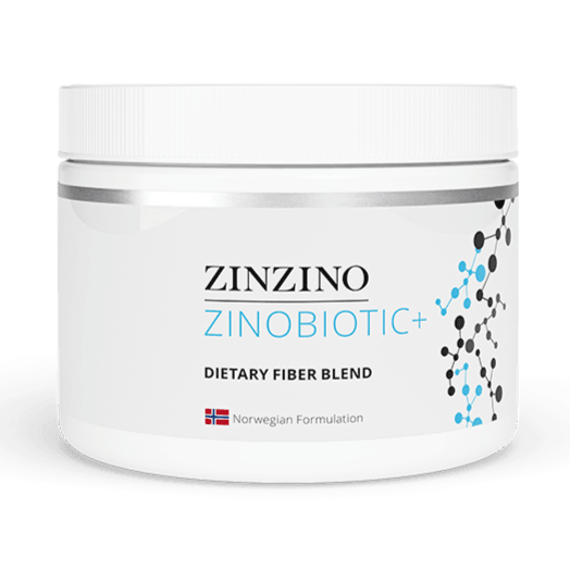Zinzino ZinoBiotic+ supplement container with 180g of probiotic supplement showing the product label.