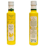 Elixir Flavours olive oil made from co-pressed olives and lemons, shown in a bottle with fresh lemon slices nearby.