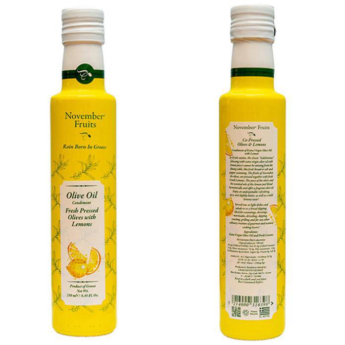 Elixir Flavours olive oil made from co-pressed olives and lemons, shown in a bottle with fresh lemon slices nearby.
