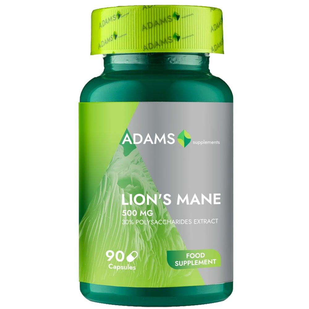 Bottle of Adams Supplements Lion's Mane 500mg capsules, dietary supplement in a clear container with a label.