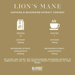 Whole beans of Herbalistas Rå Hygge Lions Mane Mushroom Coffee, BIO, featuring a coffee bag with lion's mane mushroom imagery.