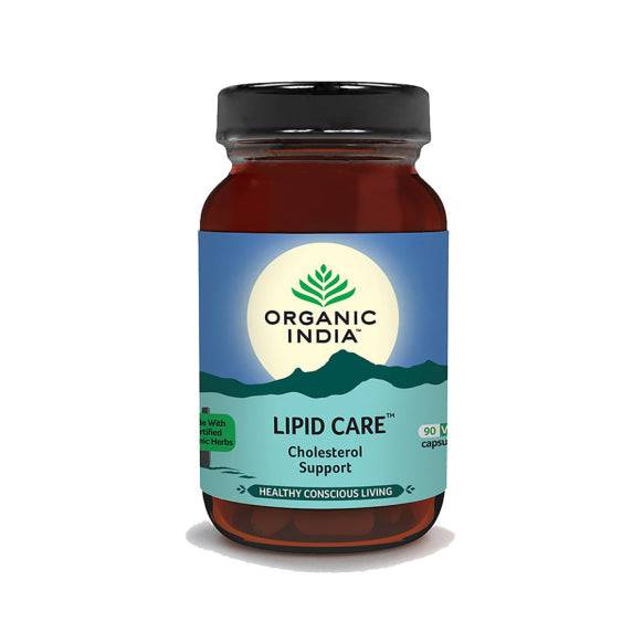 Organic India BIO Lipid Care capsules by Herbalistas, showing a bottle of 90 capsules on a white background.