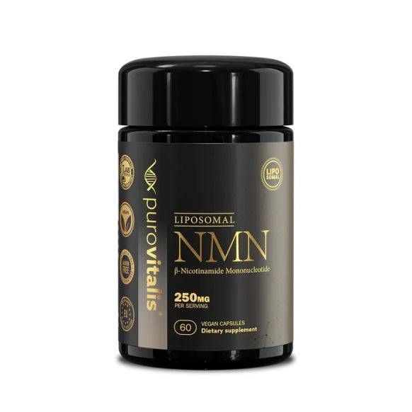 Liposomal NMN supplement by Herbalistas, 60 vegan capsules, showing the bottle with capsules inside for health and anti-aging support.