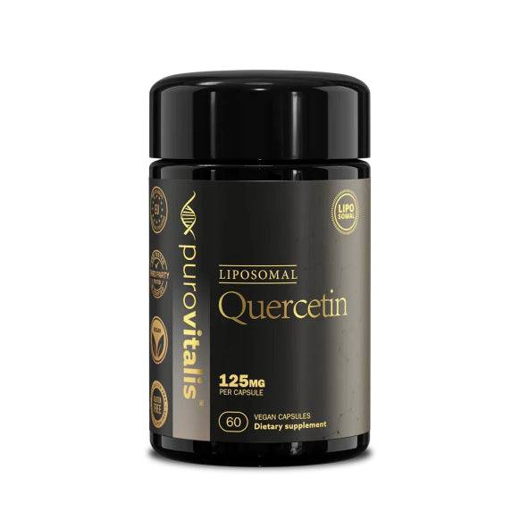 Liposomal Quercetin supplement in 60 vegan capsules by OLD PRODUCTS, shown in a bottle with capsules inside