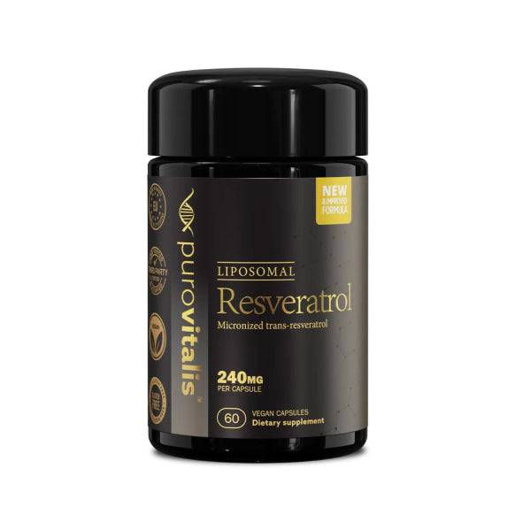 Herbalistas Liposomal Trans-Resveratrol supplement in 60 vegan capsules, showcasing the bottle and capsules.