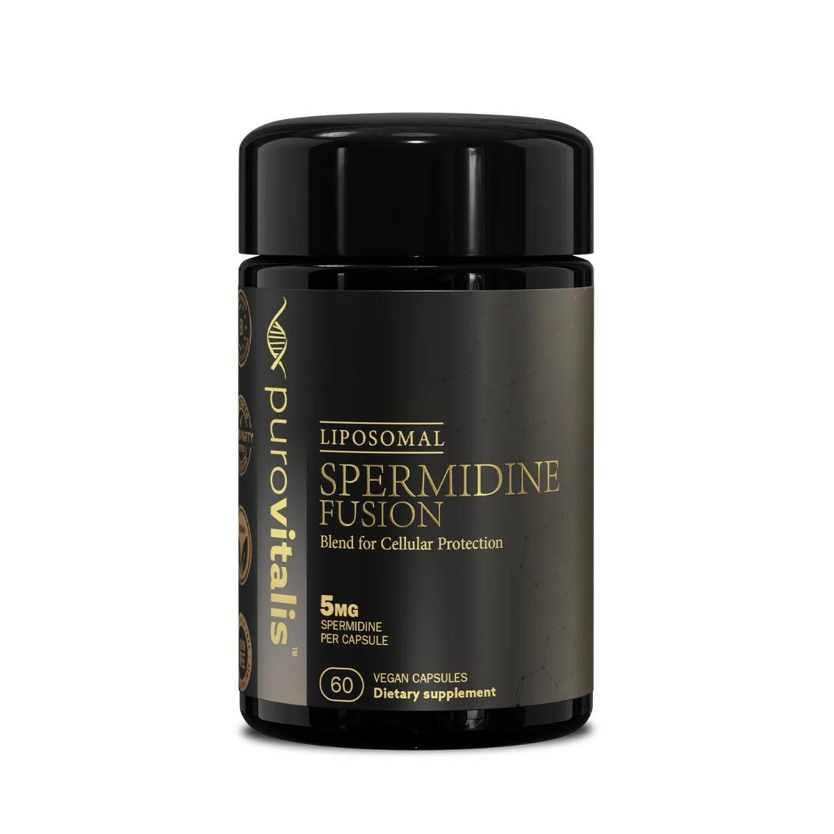 Liposomal Spermidine Fusion supplement by Herbalistas, 60 vegan capsules, showing the capsule bottle and label.