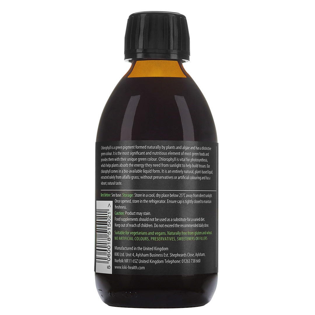 Herbalistas Kiki Health Liquid Chlorophyll supplement in a 250ml bottle, showing the back label with product details.