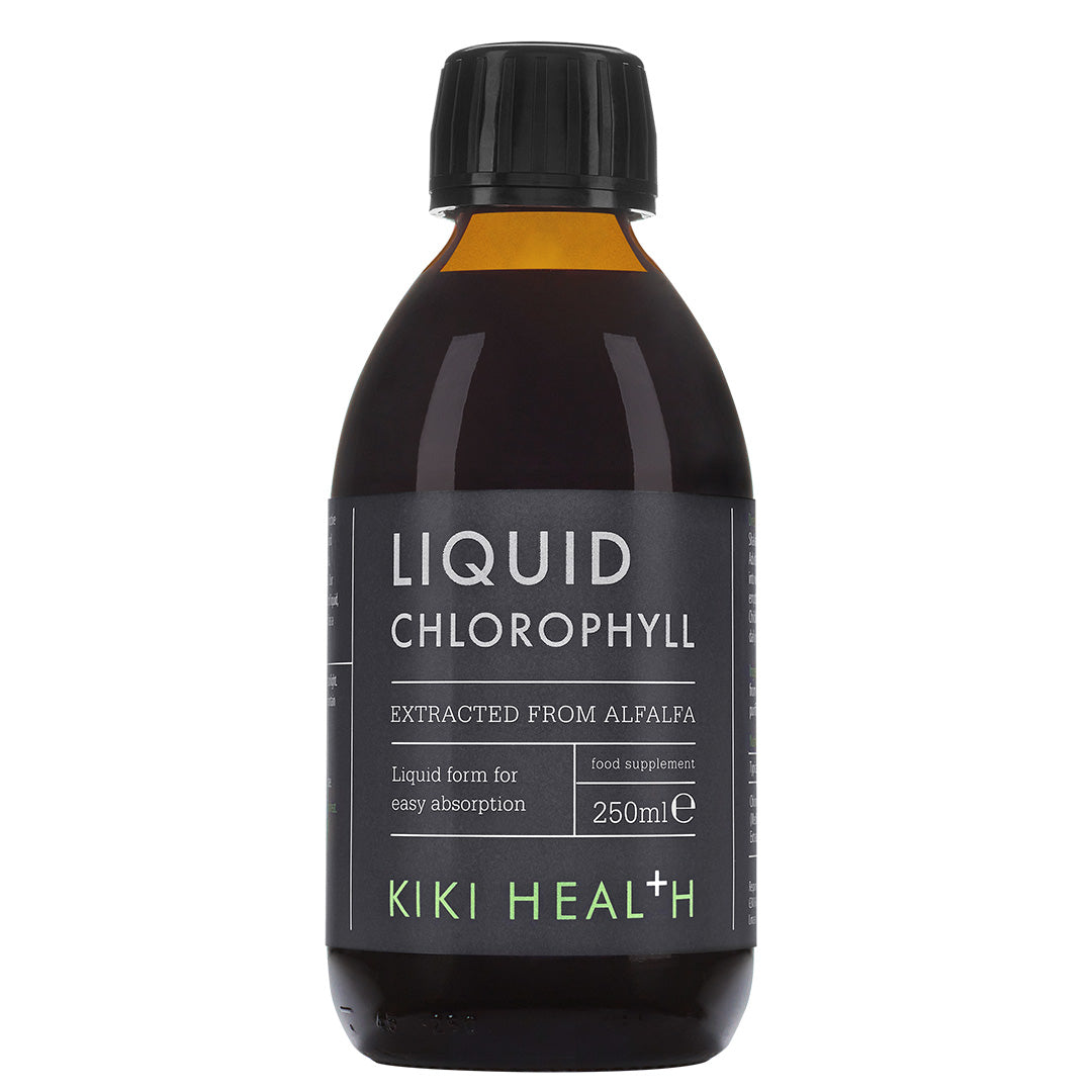 Liquid chlorophyll supplement by Herbalistas in a 250ml bottle, showing the clear green liquid inside.
