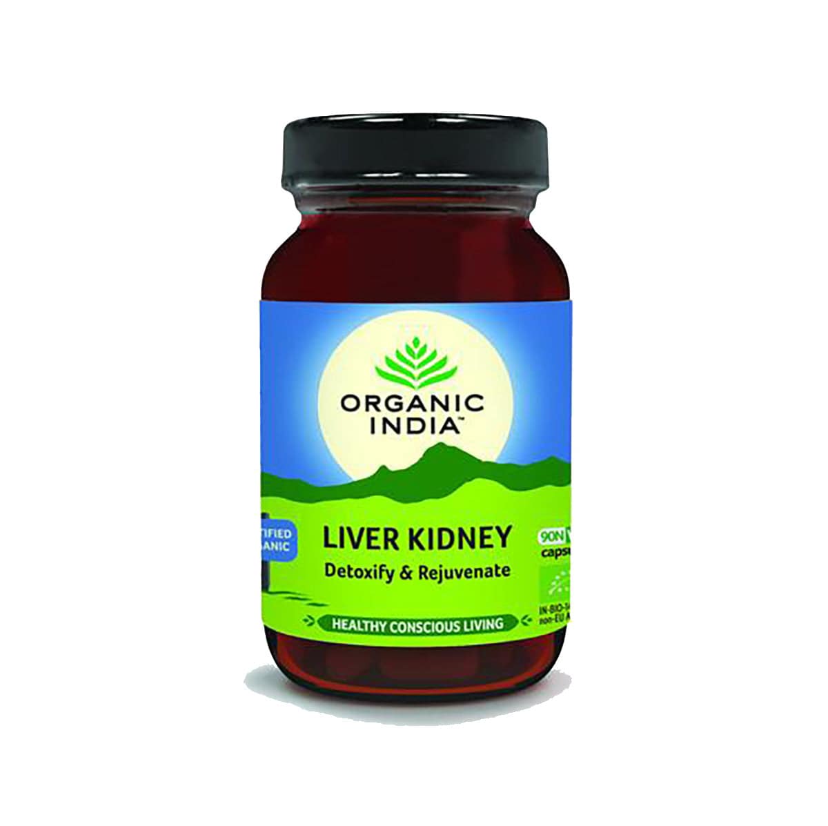 Organic India Bio Liver-Kidney Care supplement capsules in a bottle, herbal formula for liver and kidney health.