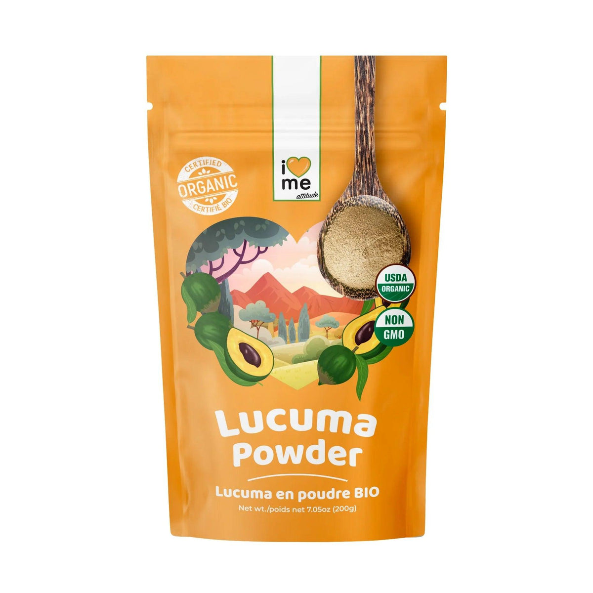 Organic Lucuma Powder by ILOVE ME, a 200g superfood plant-based sweetener in a resealable bag with a natural, earthy appearance.