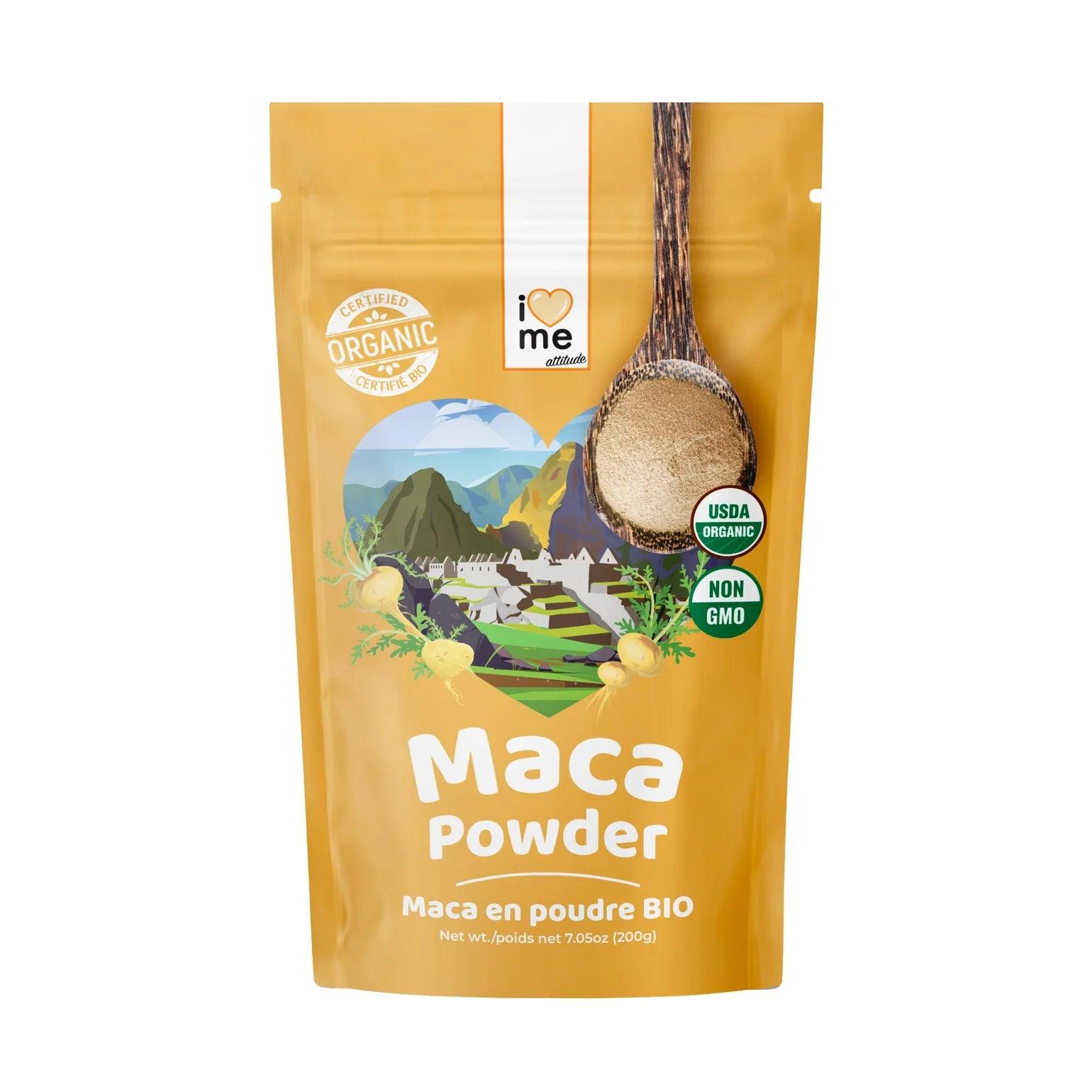 Organic I LOVE ME Maca Powder supplement in 200g package, showing the powder and packaging front for healthy lifestyle use.