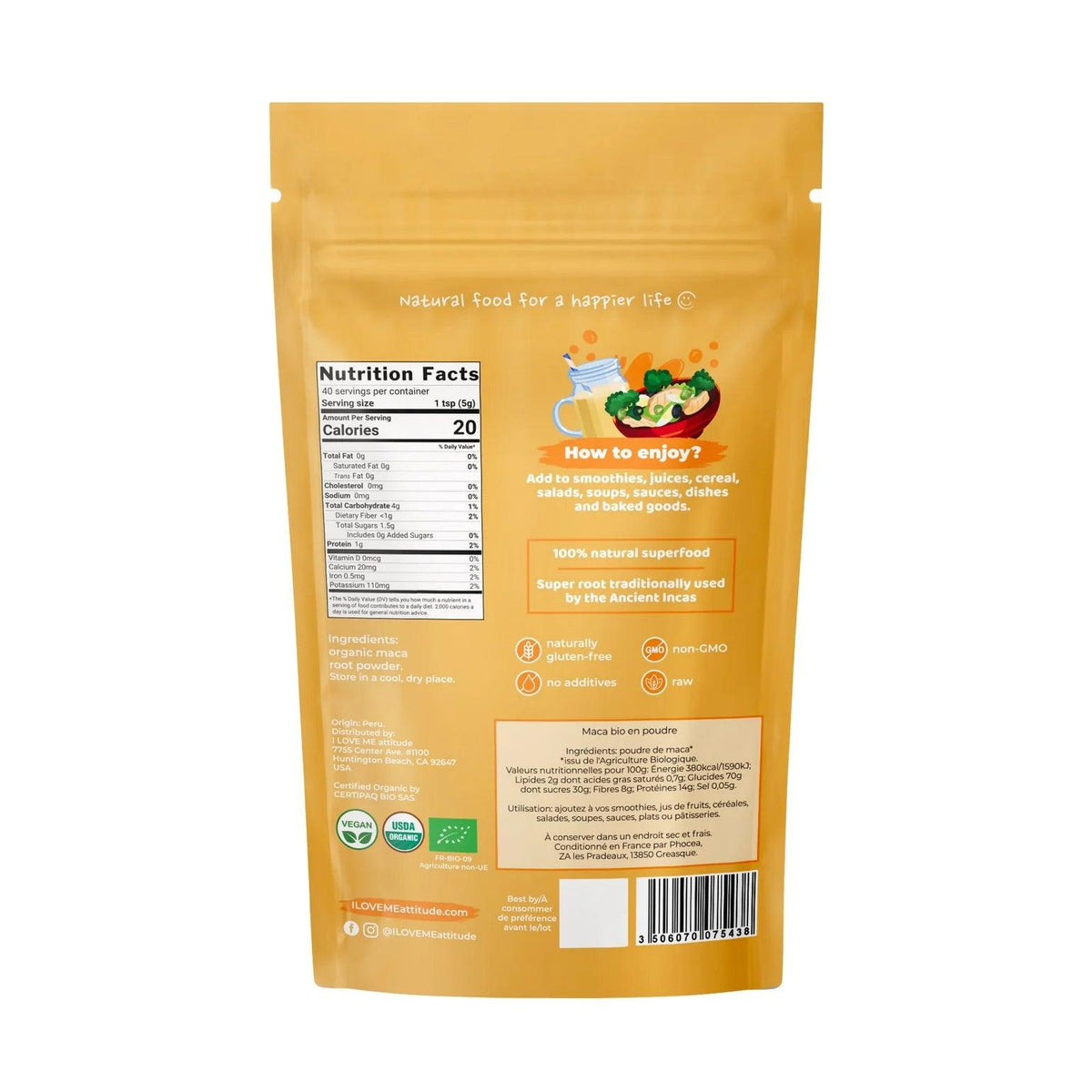 Organic ILOVE ME Maca Powder supplement in a 200g bag, showing the product packaging with the label and branding.