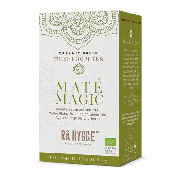 Herbalistas RA Hygge BIO Maté Magic Yerba Maté tea with Shiitake in 16 tea bags, featuring a colorful box and tea bags inside.