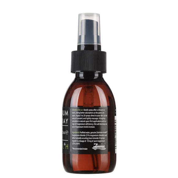 Kiki Health Magnesium Oil Spray by HERBALISTAS, 125ml bottle with a spray nozzle for topical magnesium application.