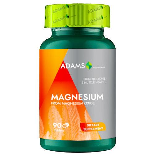 Bottle of Adams Supplements Magnesium 375mg capsules with 90 softgel capsules in a clear container.