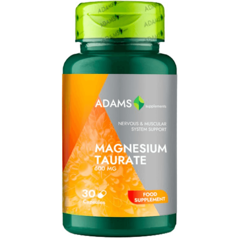 Bottle of Adams Supplements Magnesium Taurate capsules showing the supplement container and label.