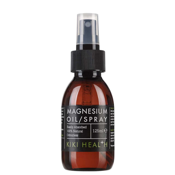 Kiki Health Magnesium Oil Spray in 125ml bottle, herbal supplement with 10 sprays per application, displayed on a white background.