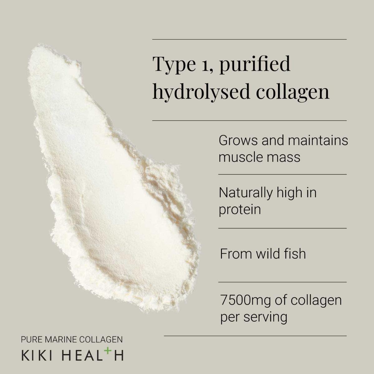 Herbalistas Kiki Health Pure Marine Collagen Powder supplement in a 200g jar, showcasing the product packaging and logo.