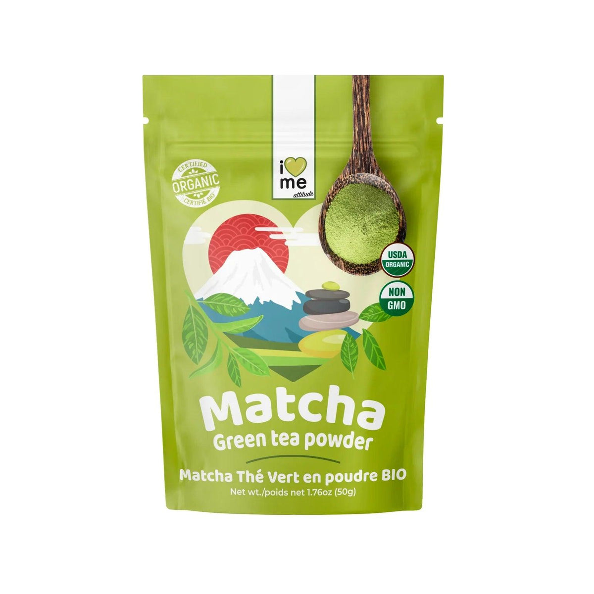 Organic I LOVE ME Matcha green tea powder in a 50g package, finely ground vibrant green powder for tea and culinary use.