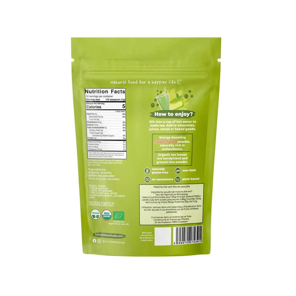 Organic Matcha green tea powder by ILOVE ME, 50g, shown in a resealable bag with vibrant green matcha powder inside.